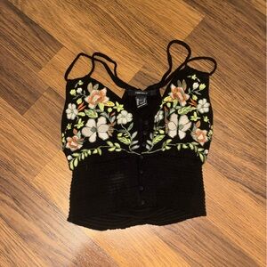 Floral Embroidered Black Women Top